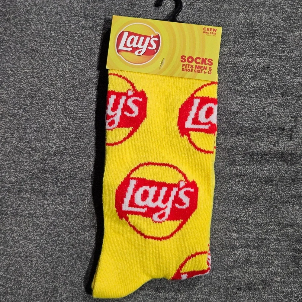 Lays Potato Chips Mens Crew Socks Yellow Logo Print Novelty Size 6-12 New